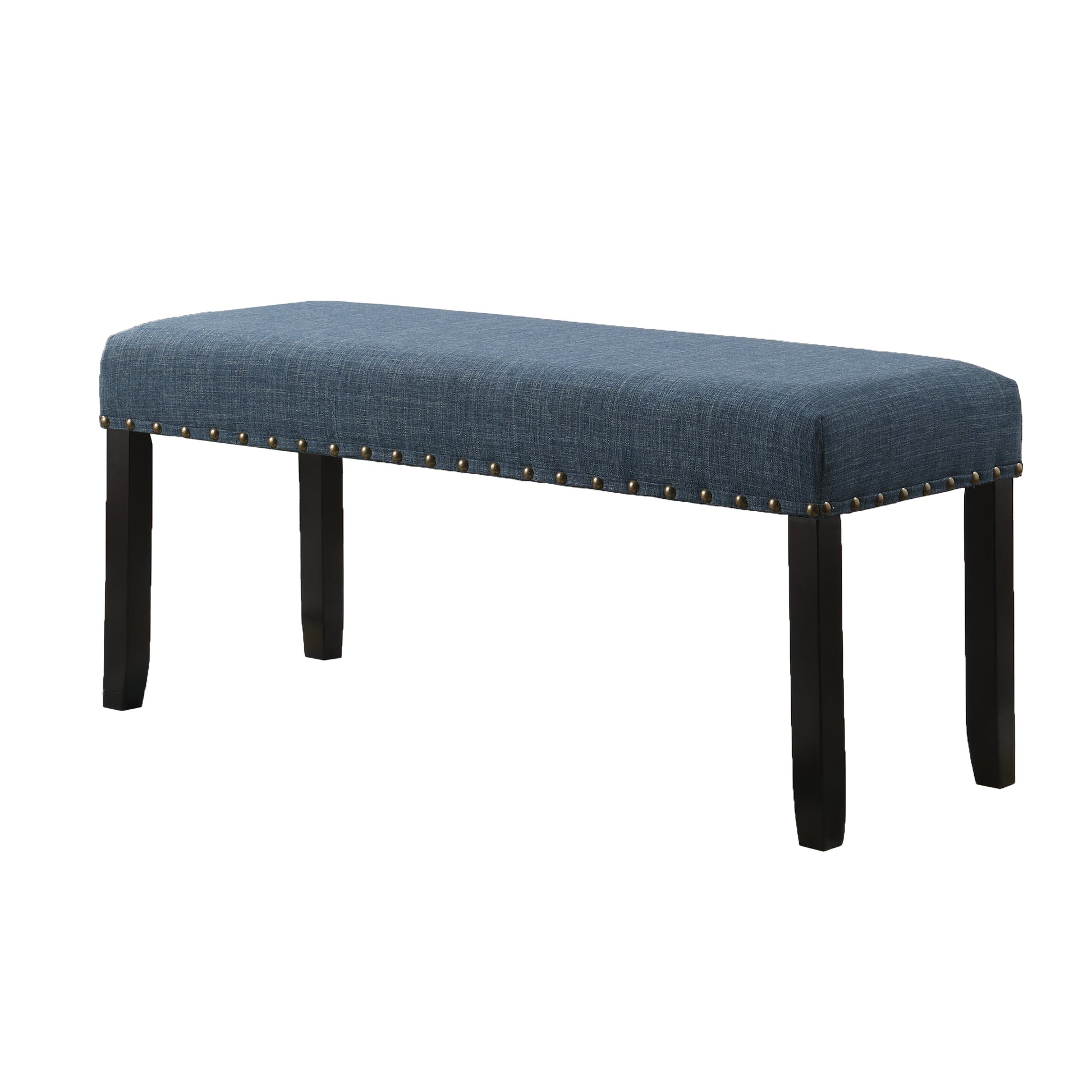 Blue upholstered bench with brass nailhead trim and dark wood legs