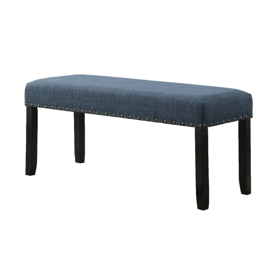 Blue upholstered bench with brass nailhead trim and dark wood legs