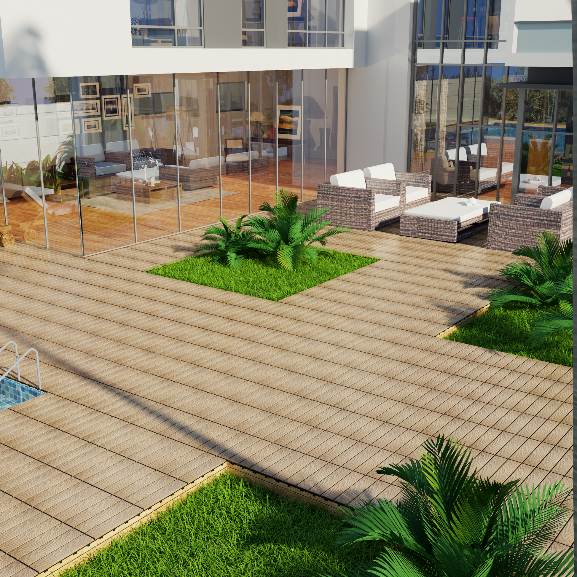 Rattan outdoor sofa set with white cushions on a wooden deck