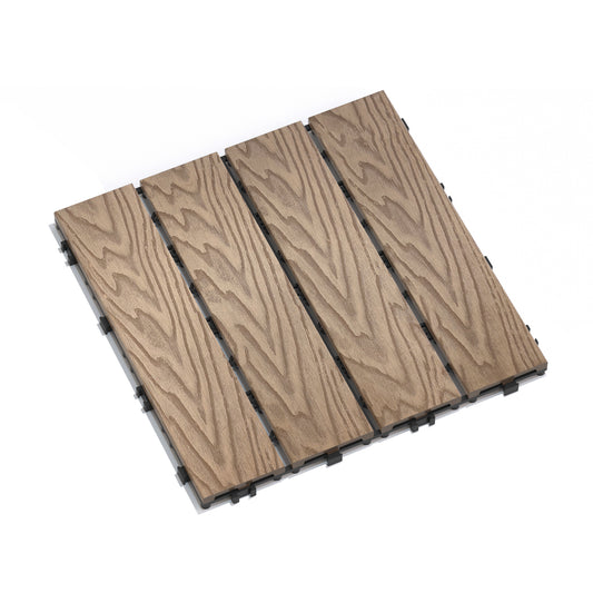 Brown wood grain interlocking deck tiles with black connectors durable outdoor flooring solution