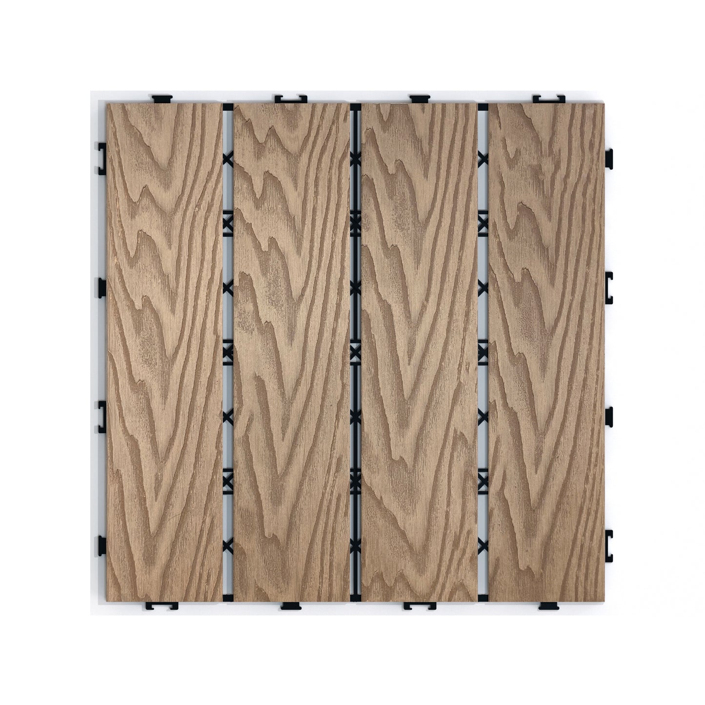 Rustic woodlook composite decking tiles with interlocking black fasteners for easy patio installation
