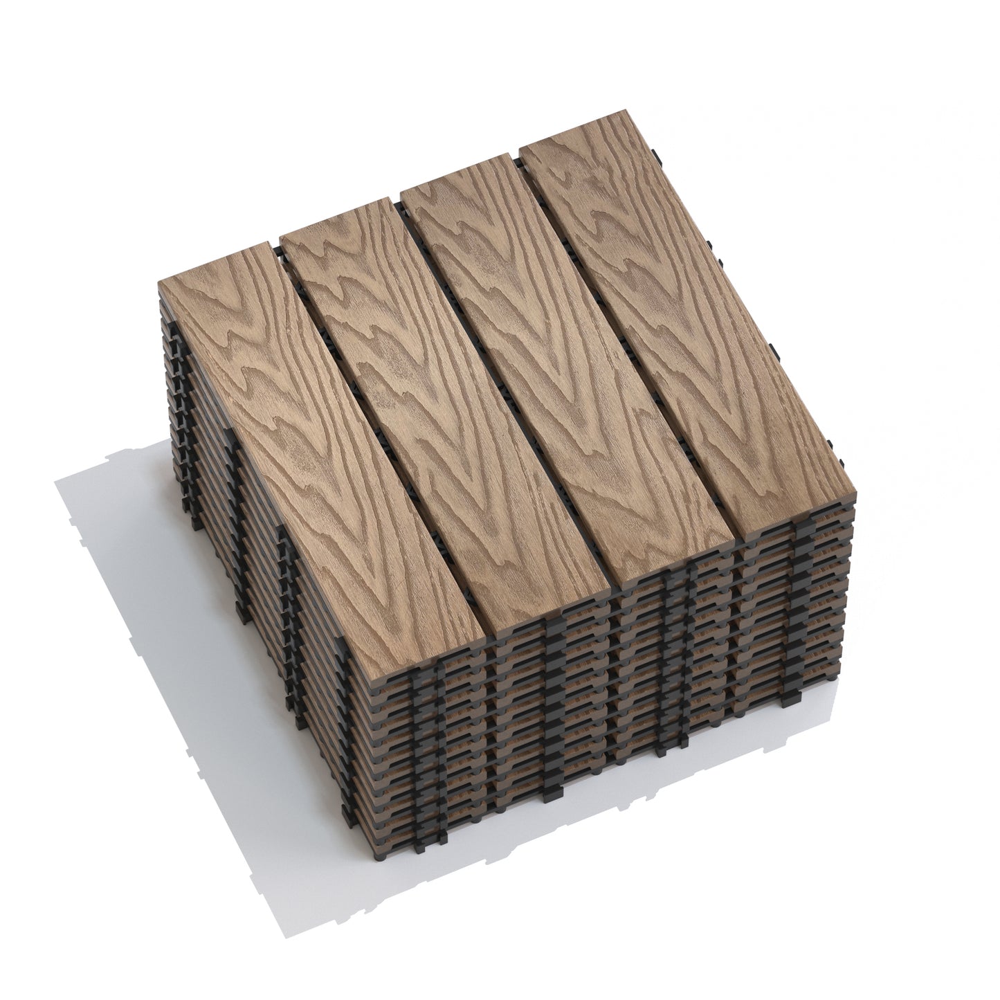 Stack of interlocking woodgrain composite deck tiles in a rustic brown color