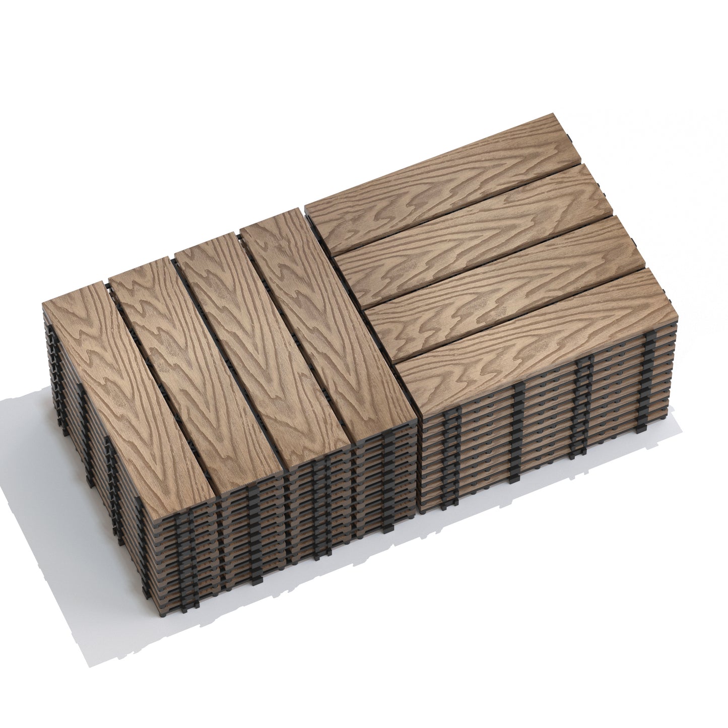 Stack of interlocking composite deck tiles in a natural wood grain finish for outdoor patios