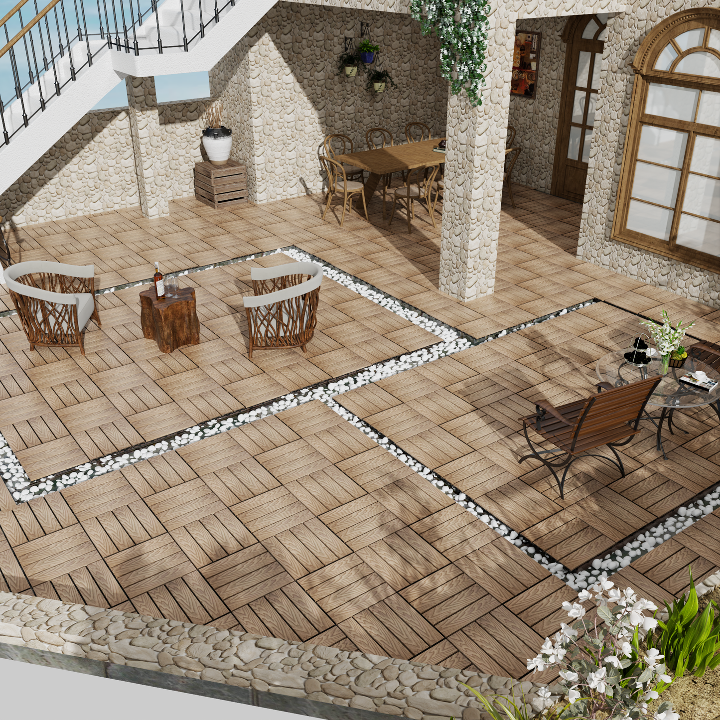 Wood deck tiles arranged in a herringbone pattern with white pebbles perfect for patios
