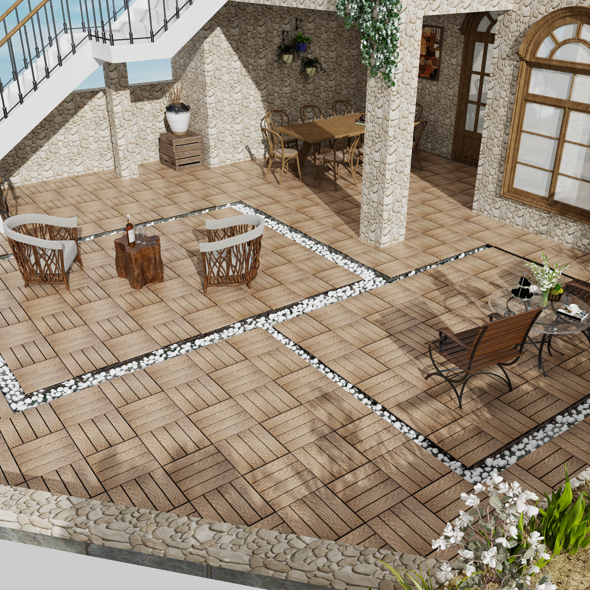 Wood deck tiles arranged in a herringbone pattern with white pebbles perfect for patios