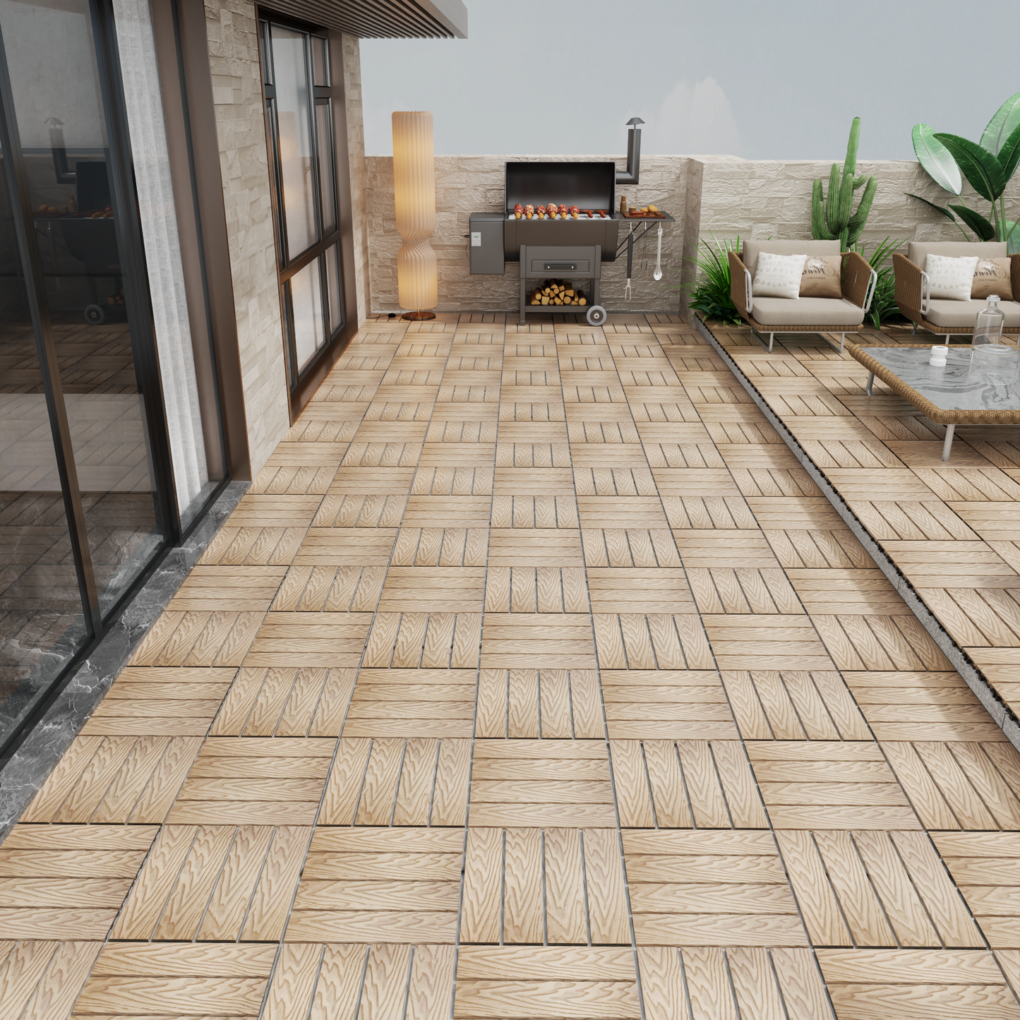 Light brown interlocking wooden deck tiles with a natural grain pattern