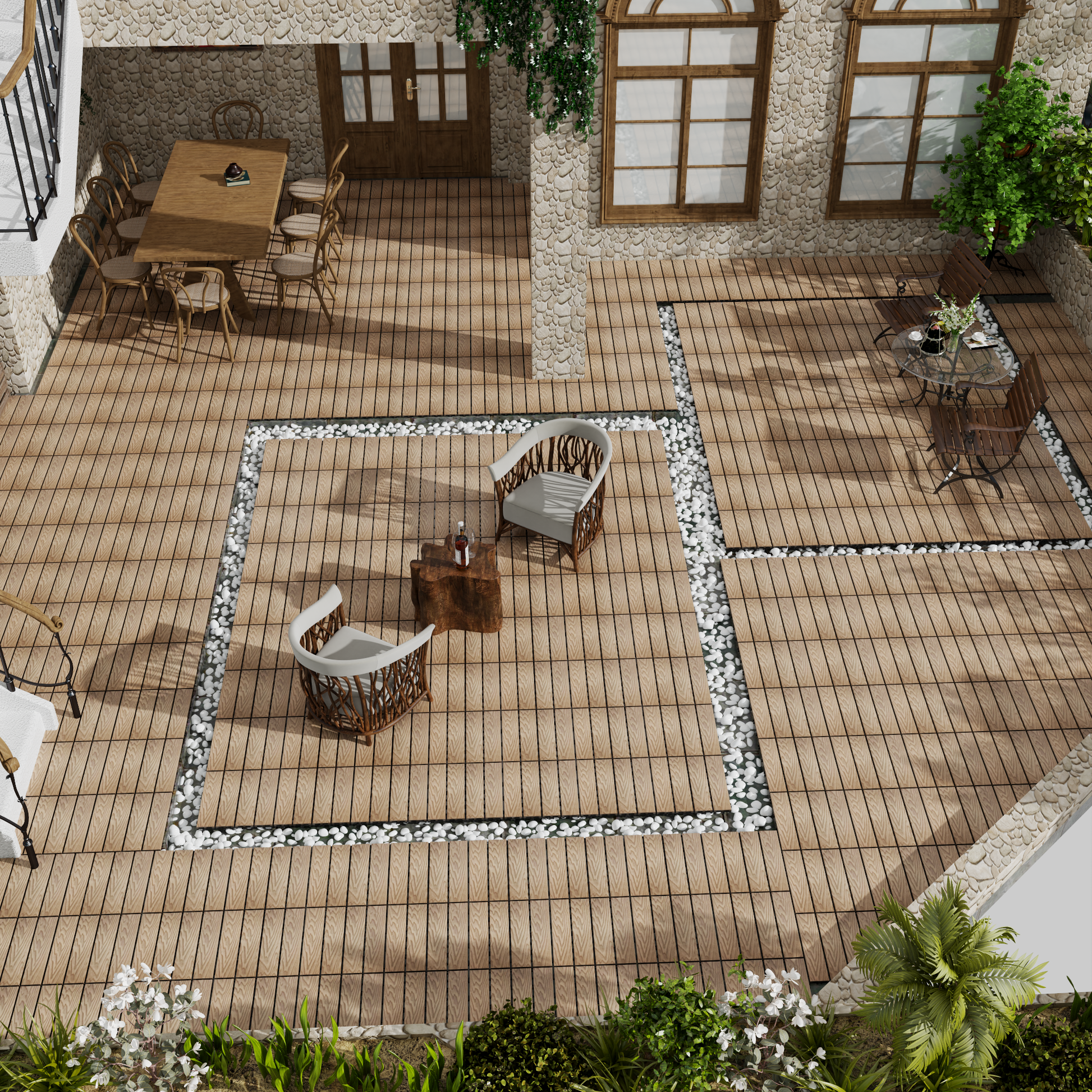 Wood deck flooring with decorative white stones and rattan chairs ideal for outdoor living spaces