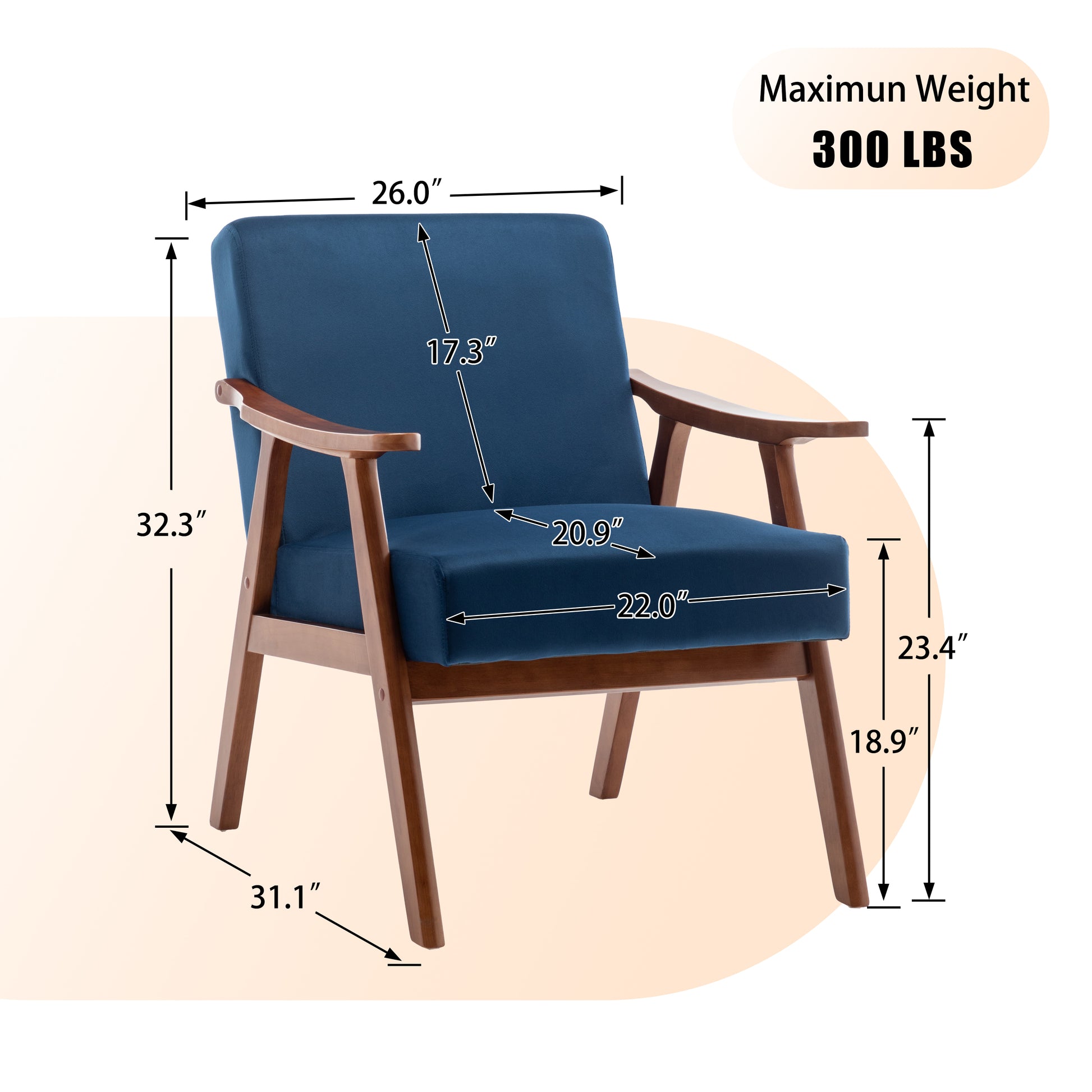 Midcentury modern armchair in navy blue fabric with walnut wood frame