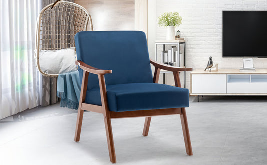 Navy blue fabric accent chair with wooden frame and armrests