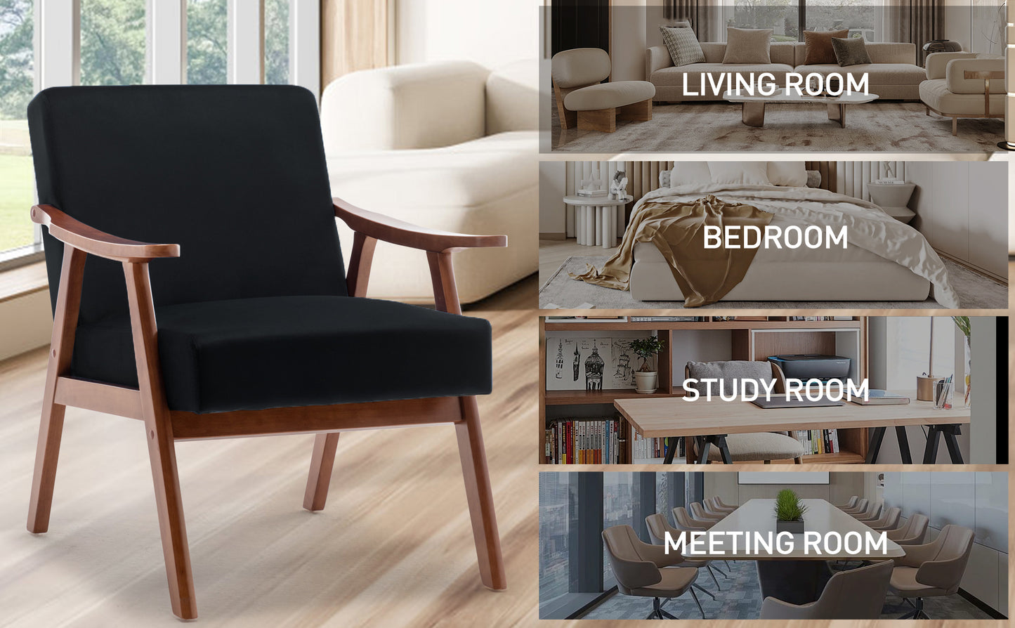 Black upholstered armchair with light wood frame ideal accent chair for living room
