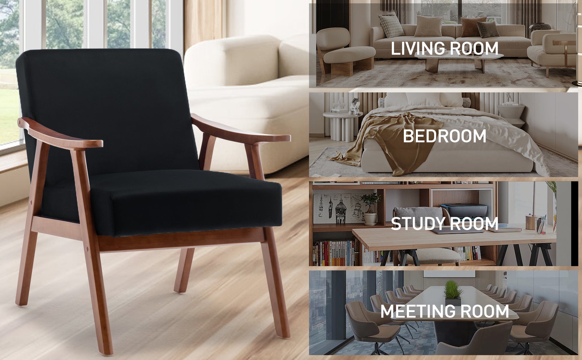 Black upholstered armchair with light wood frame ideal accent chair for living room