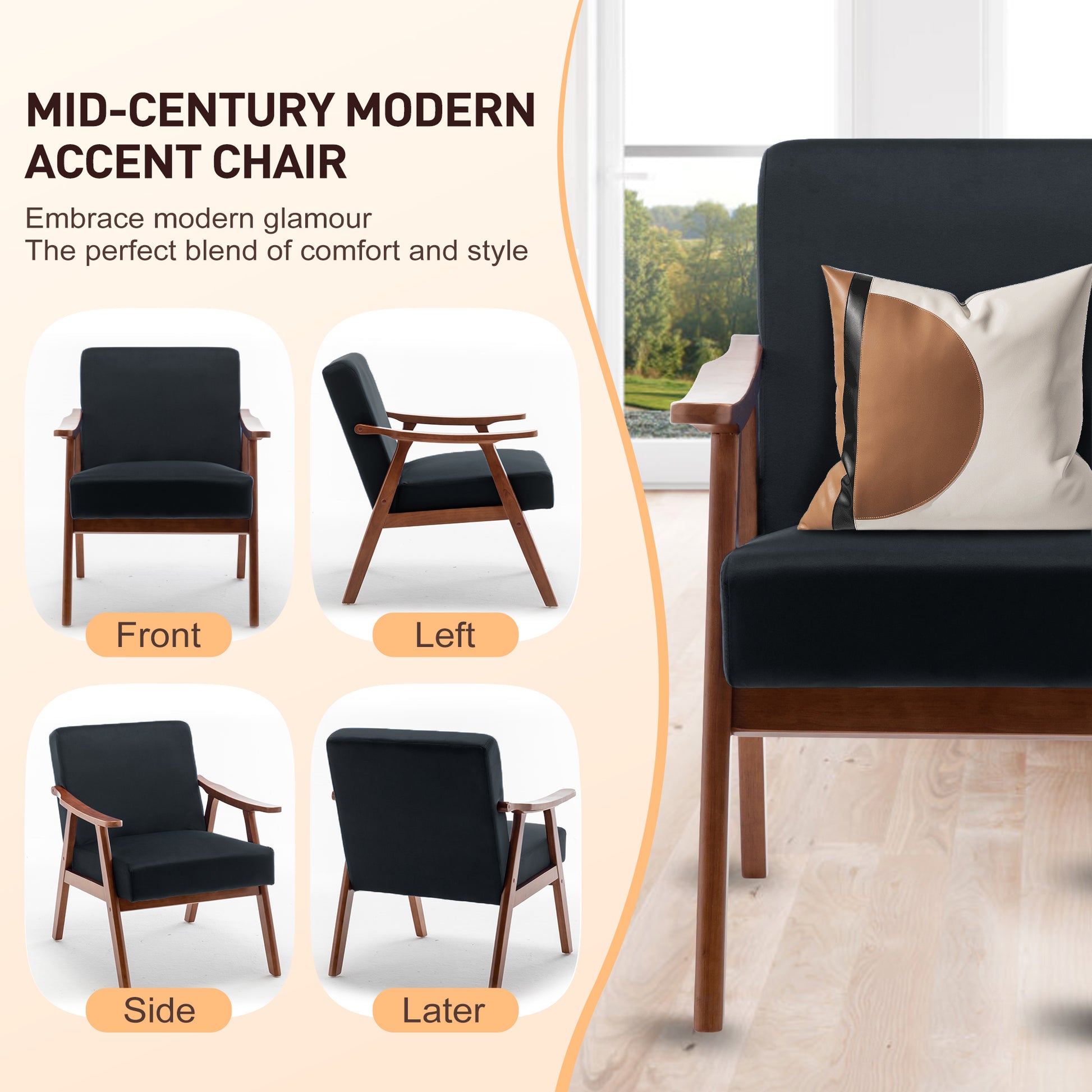 Front view of a black midcentury modern accent chair with wooden legs