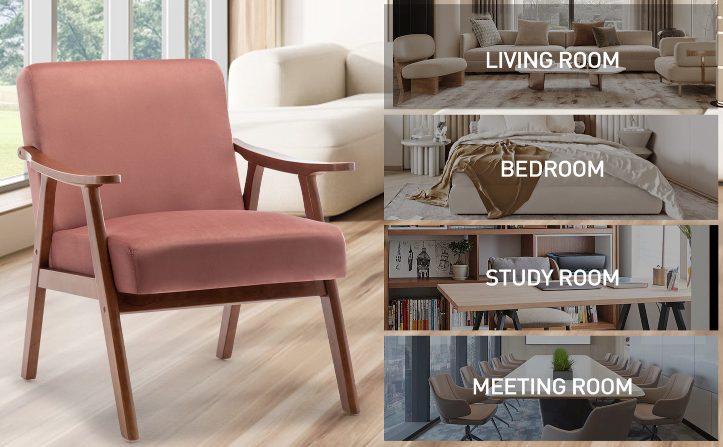 Dusty rose velvet armchair with wooden frame midcentury modern accent chair for living room