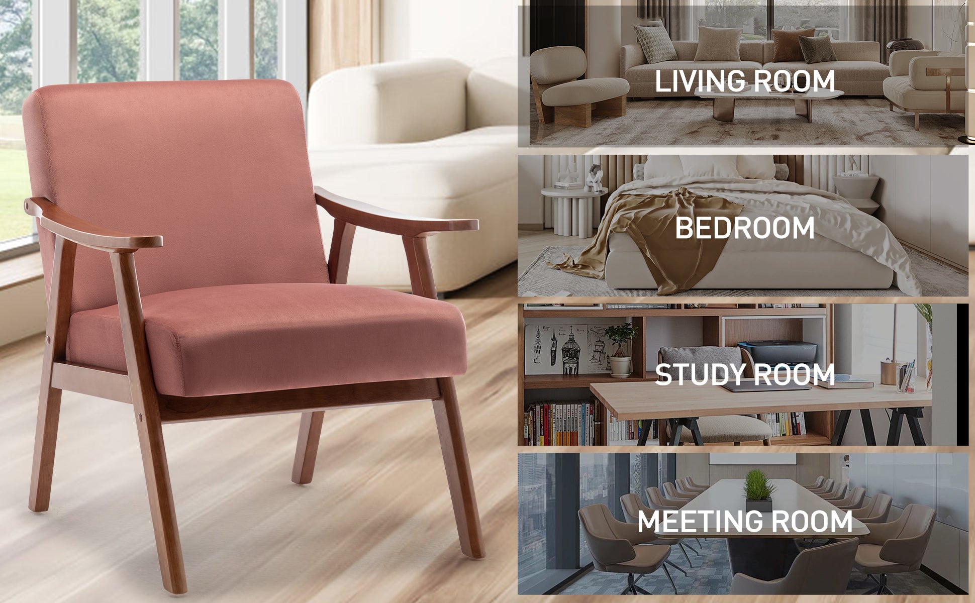 Dusty rose velvet armchair with wooden frame midcentury modern accent chair for living room