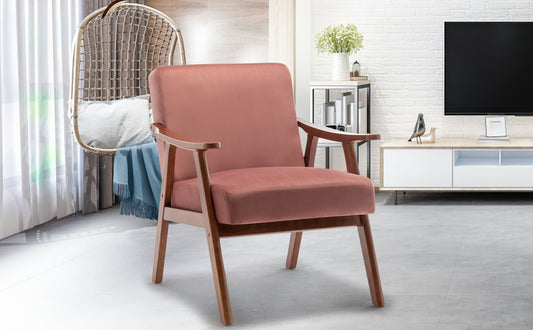 Upholstered armchair with rose pink fabric and wooden frame