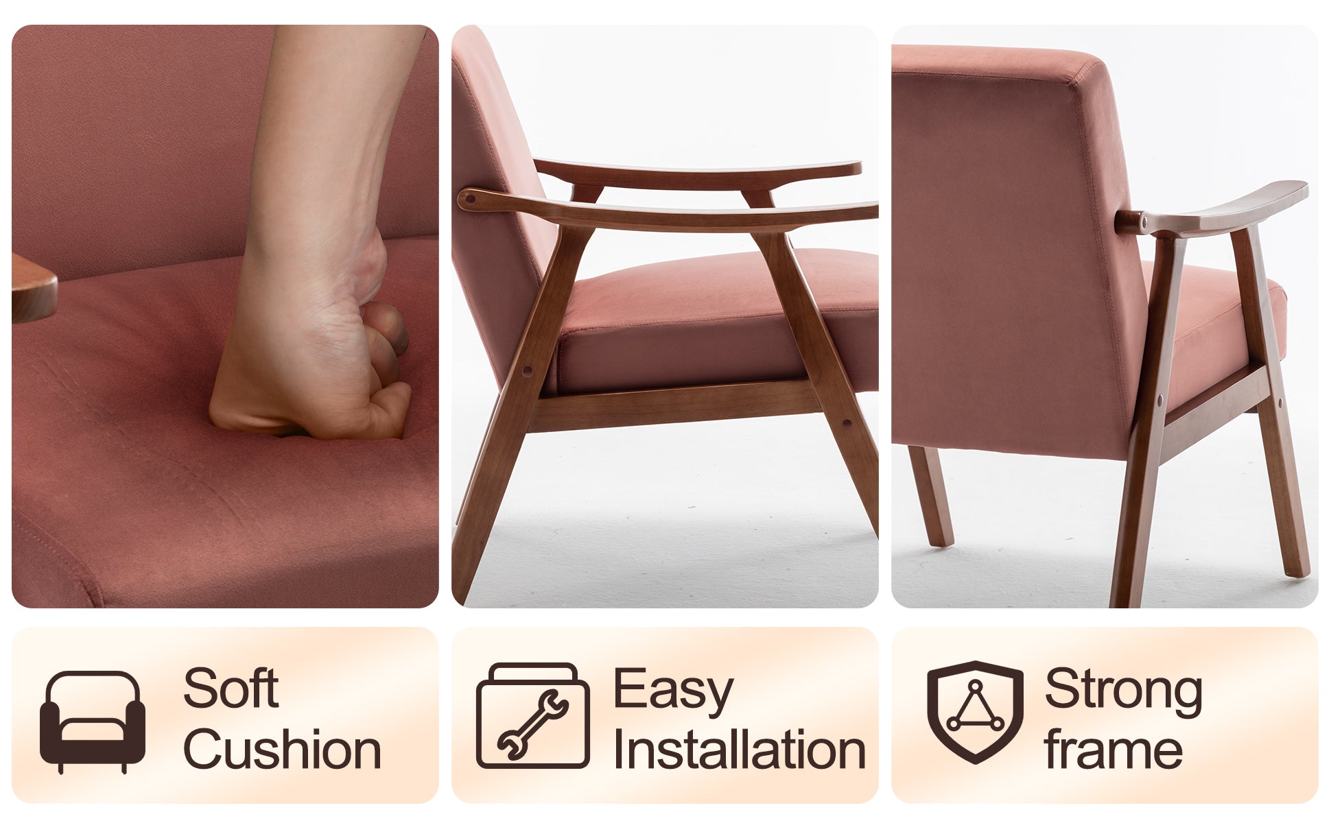 Soft rose velvet accent chair with wooden frame and arms