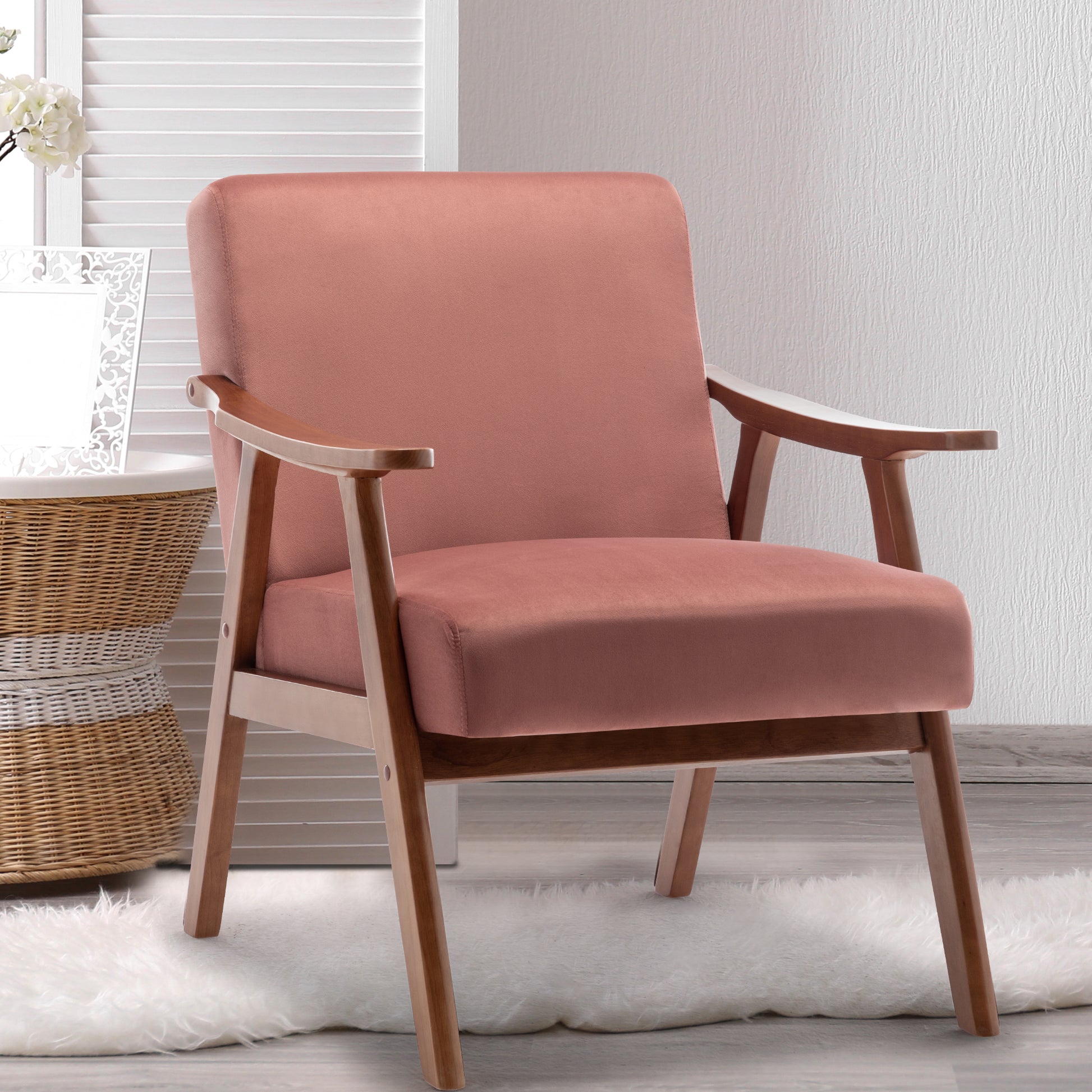 Dusty rose velvet accent chair with midcentury modern wooden frame