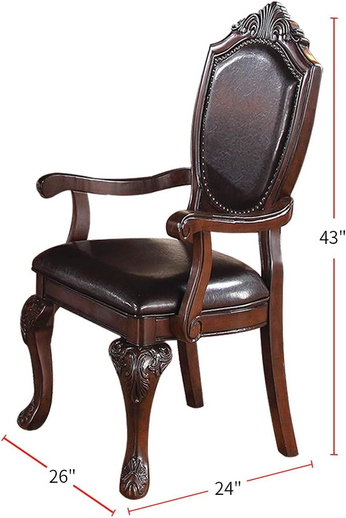 Ornate dark brown leather accent chair with carved wooden legs and arms