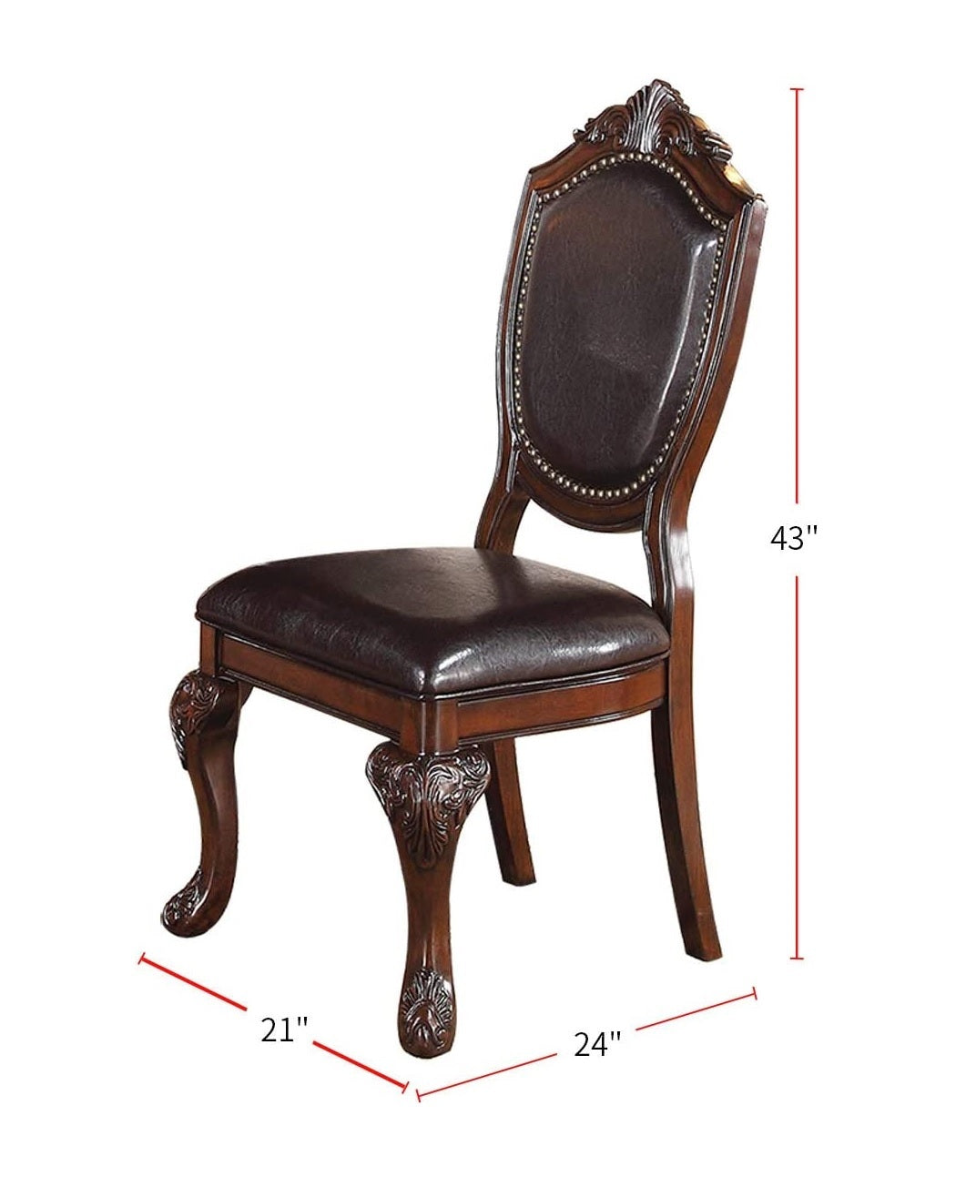Ornate dark brown leather dining chair with carved wooden legs and nailhead trim