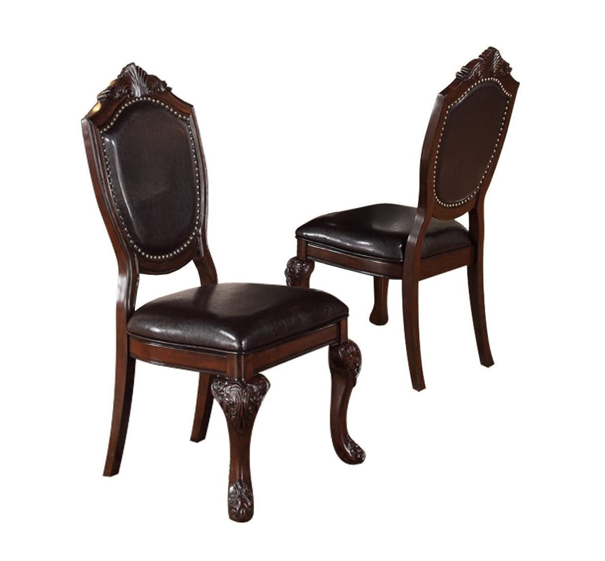 Dark brown leather dining chair with ornate carved wooden legs and tufted back