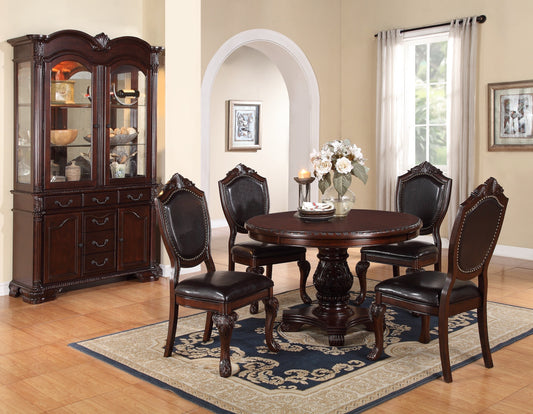 Ornate dark wood china cabinet with glass doors and display shelves showcasing dining essentials