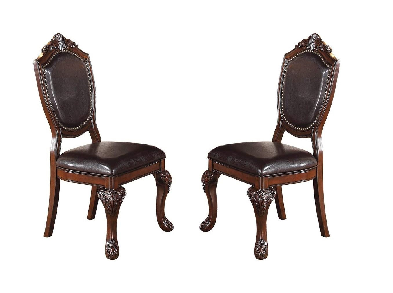 Elegant dark brown leather dining chair with carved wooden legs and ornate trim