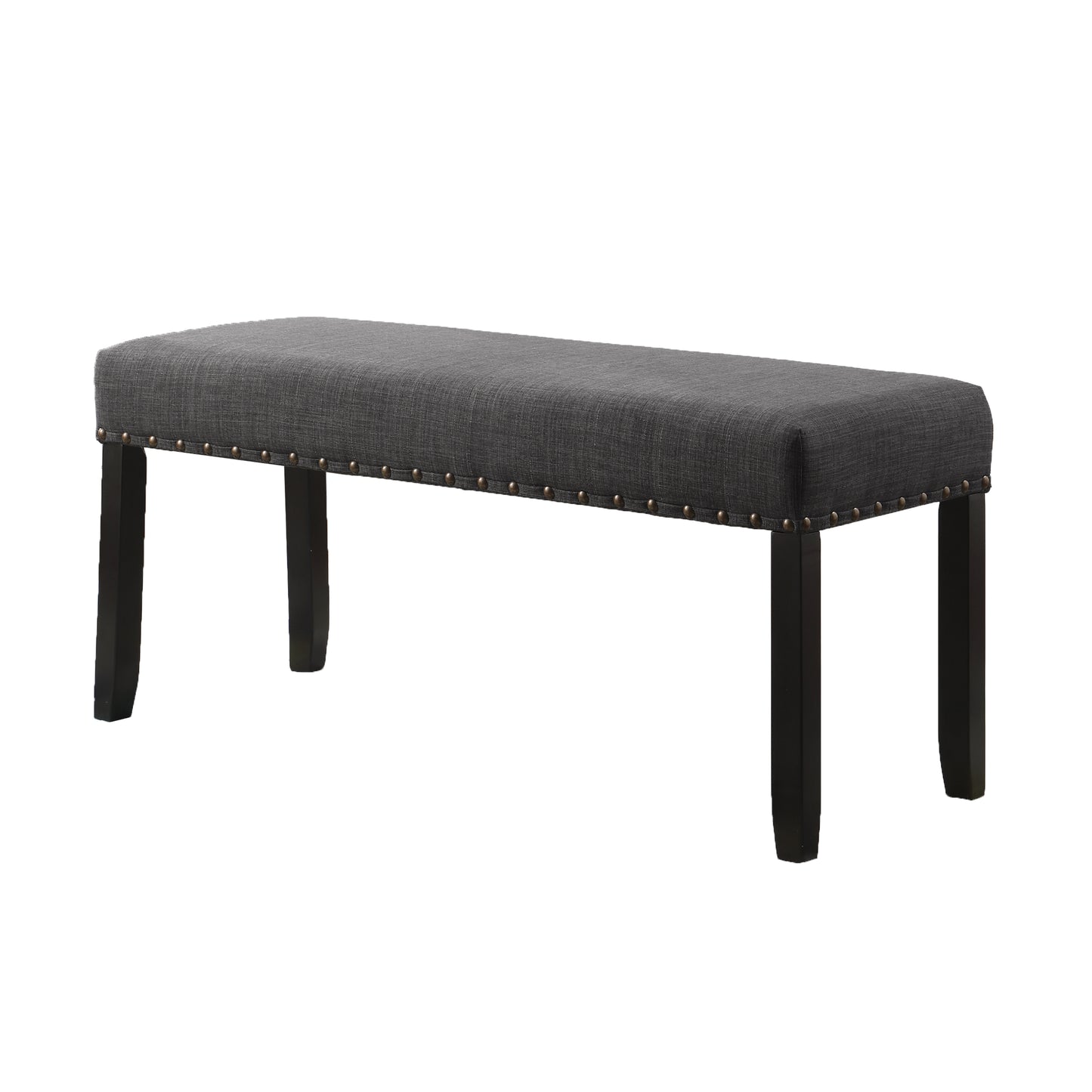 Dark gray upholstered bench with nailhead trim and dark wooden legs