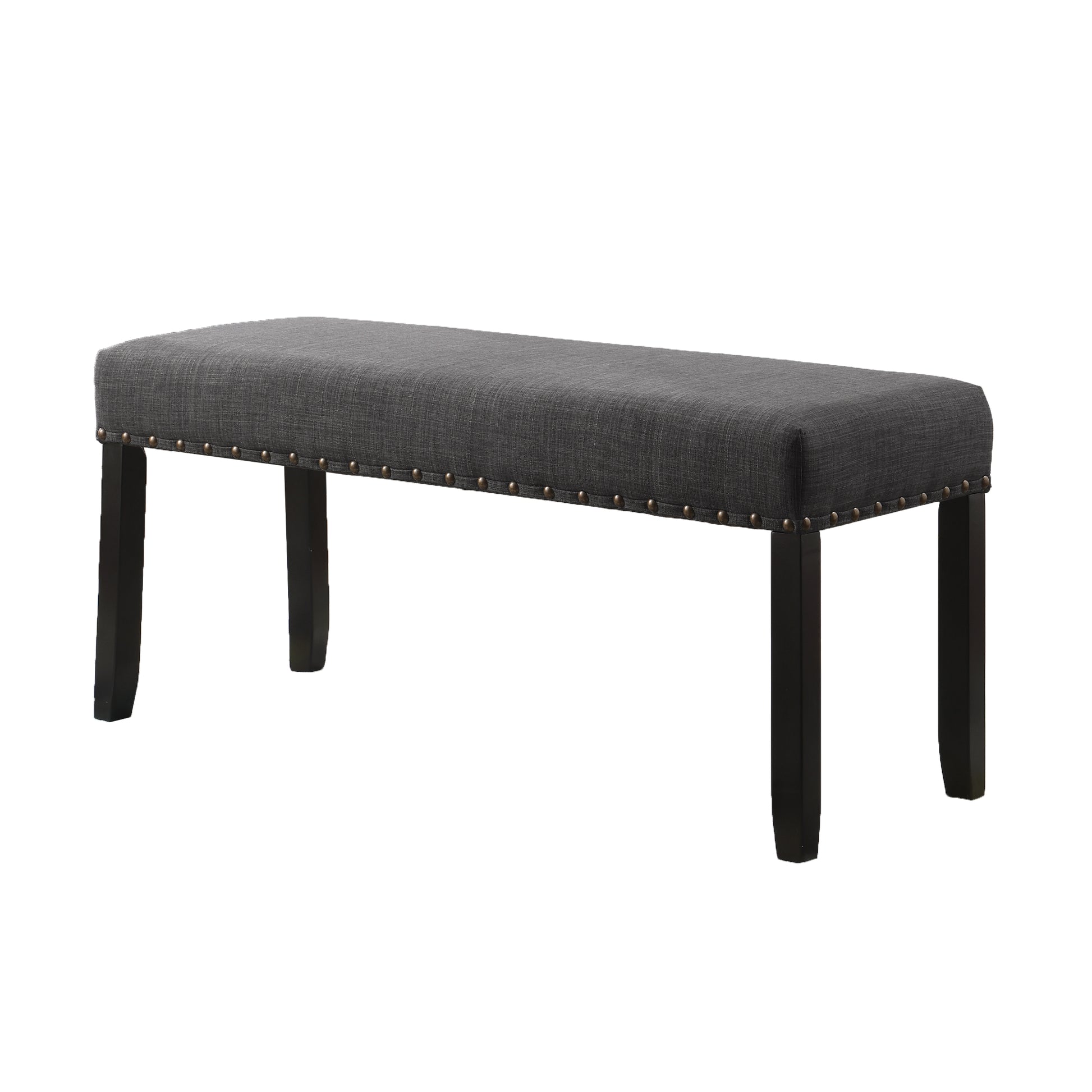 Dark gray upholstered bench with nailhead trim and dark wooden legs