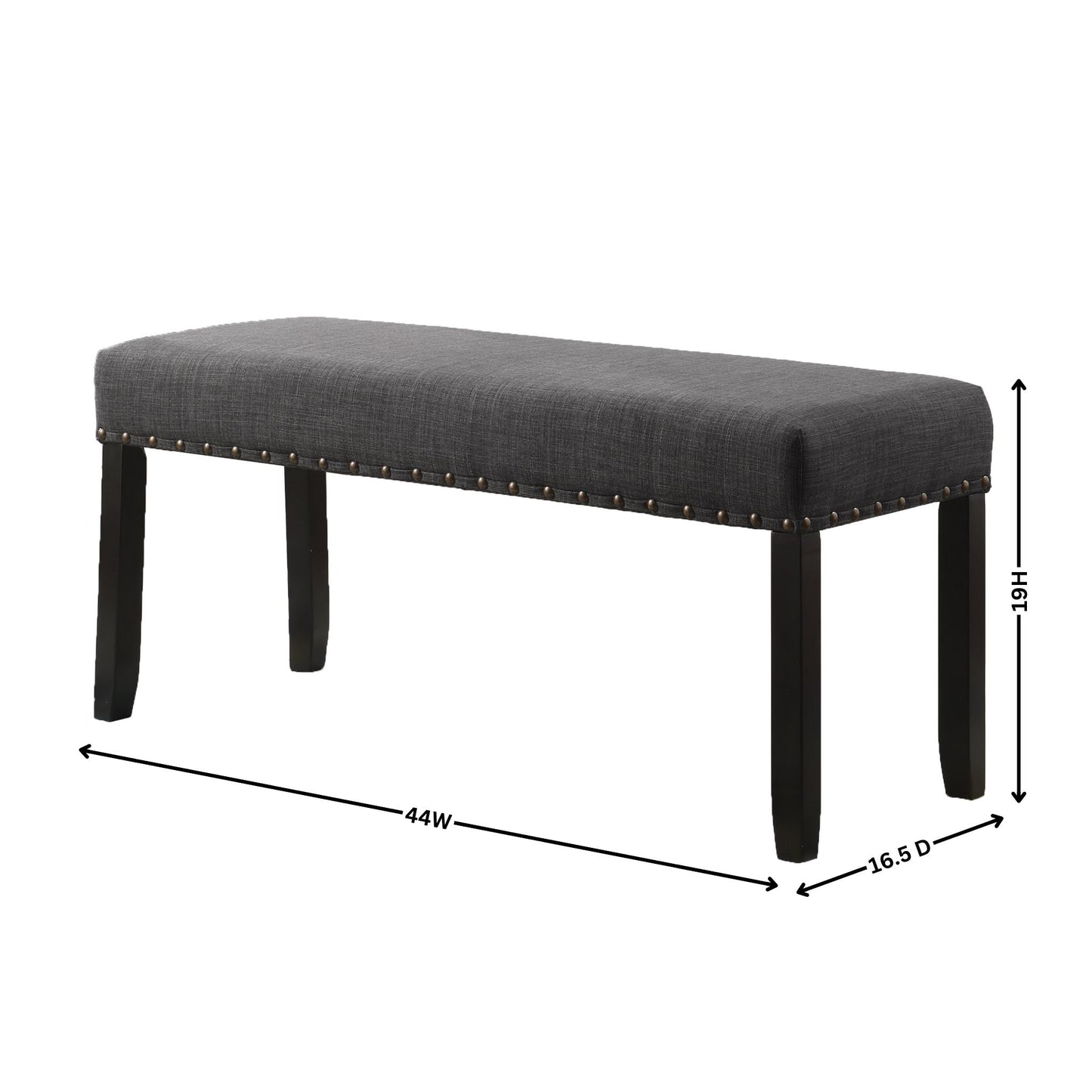 Tufted grey fabric bench with dark wood legs nailhead trim detail