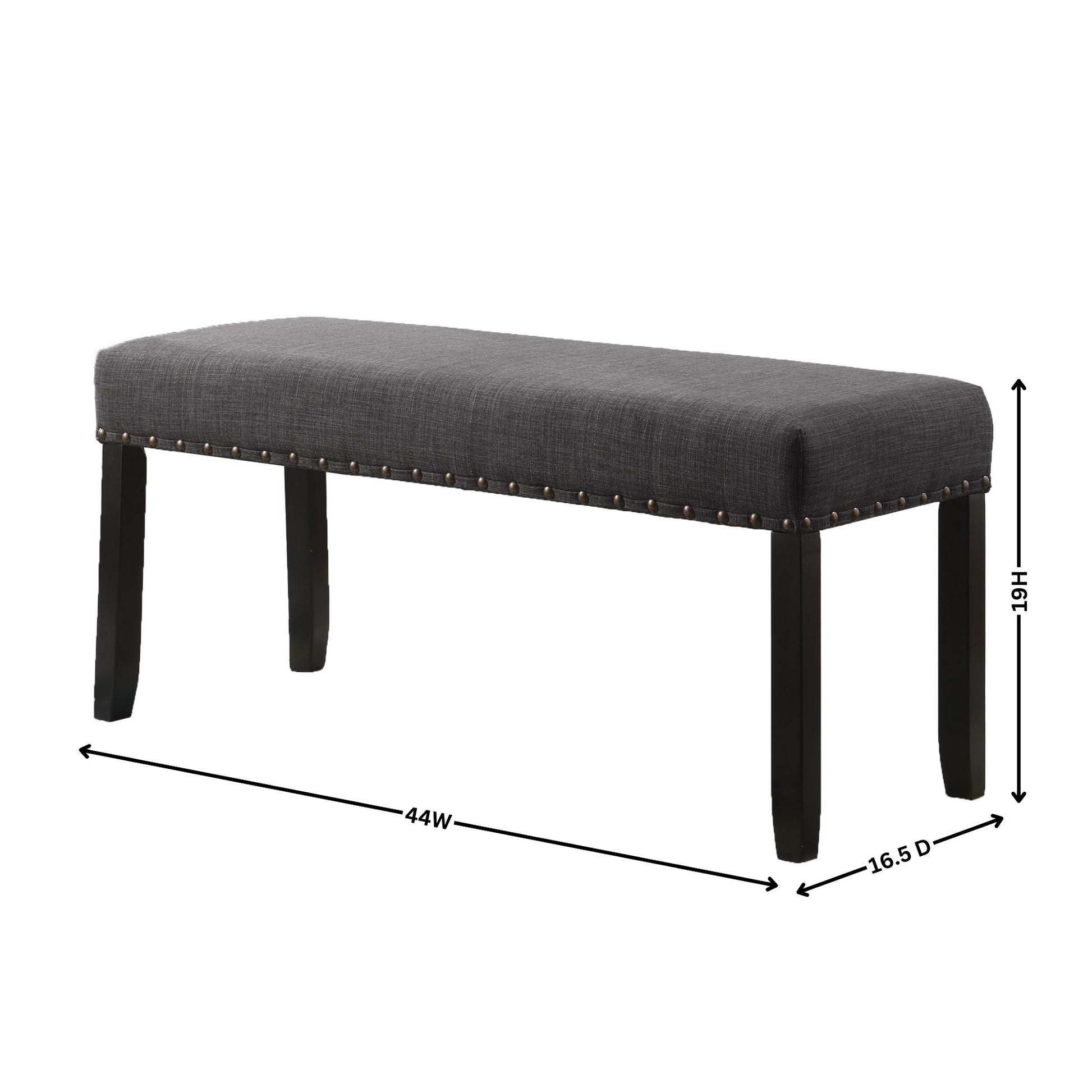 Tufted grey fabric bench with dark wood legs nailhead trim detail