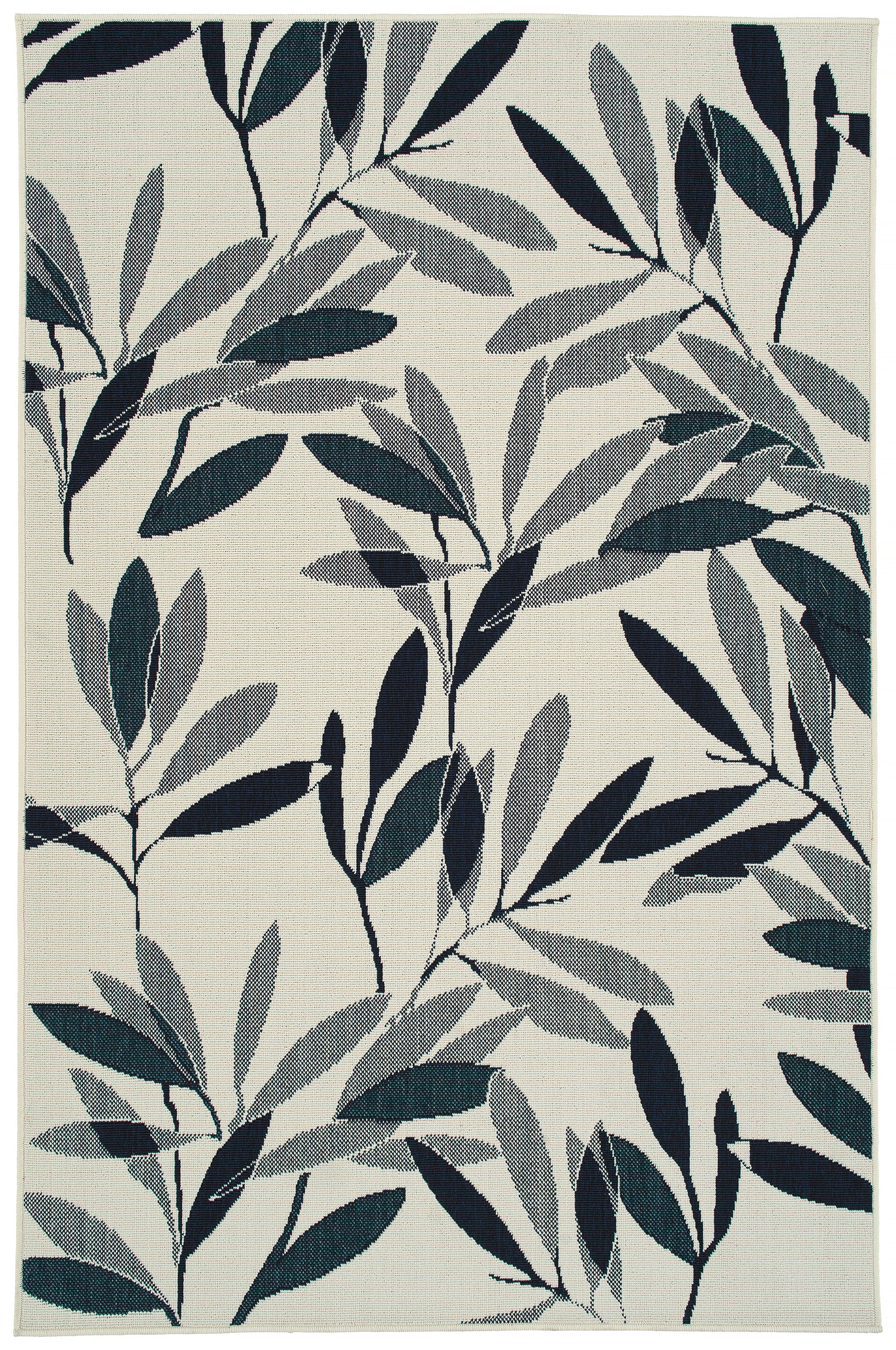 Cream rug with abstract navy blue leaf pattern modern textile art