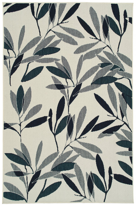 Cream rug with abstract navy blue leaf pattern modern textile art