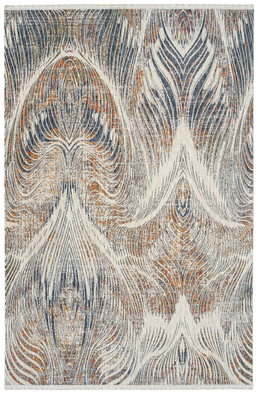 Textured beige abstract rug with navy and rust wavy lines