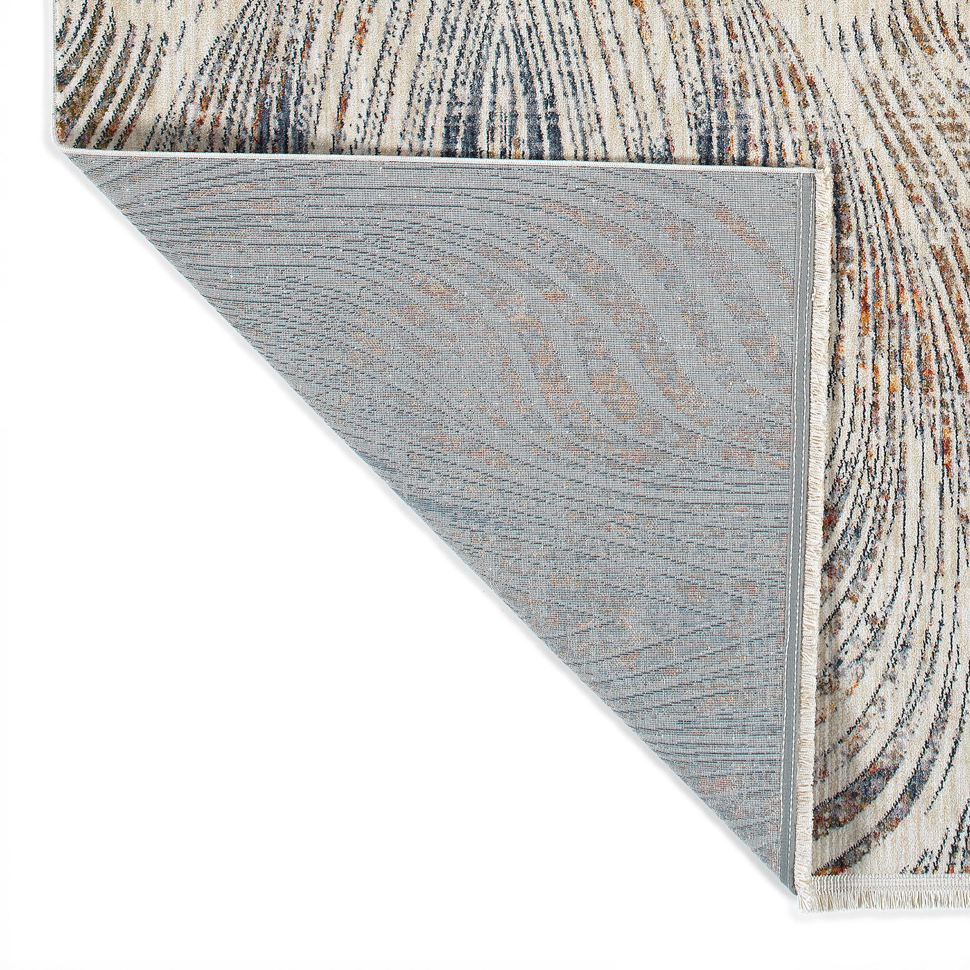 Modern abstract cream rug with dark blue and rust stripe pattern showing underside texture