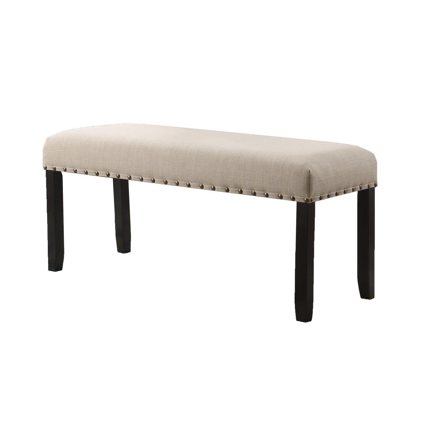 Cream linen bench with nailhead trim and dark wood legs