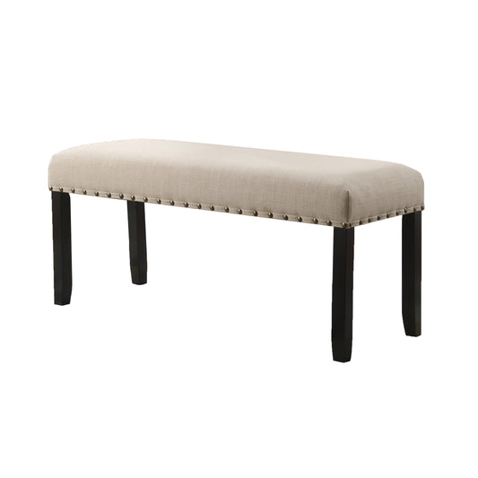 Cream linen bench with nailhead trim and dark wood legs