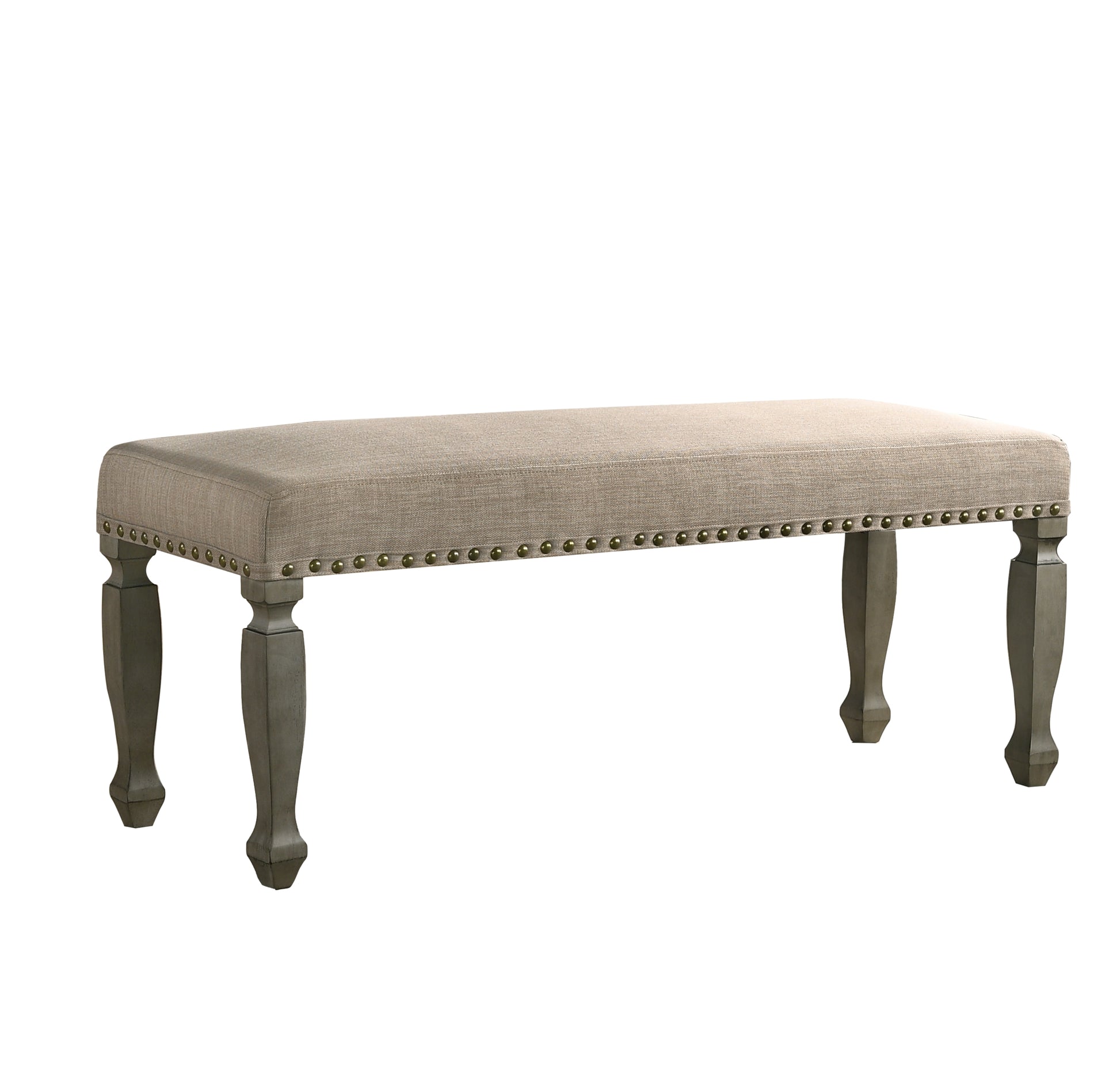 Tufted upholstered bench with nailhead trim and grey carved legs