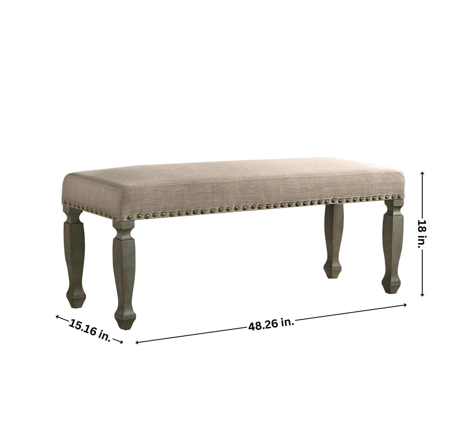 Cream fabric bench with carved grey legs and antique brass nailhead trim