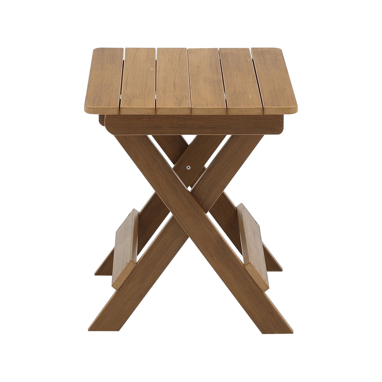 Brown wooden folding side table with slatted top and Xshaped legs