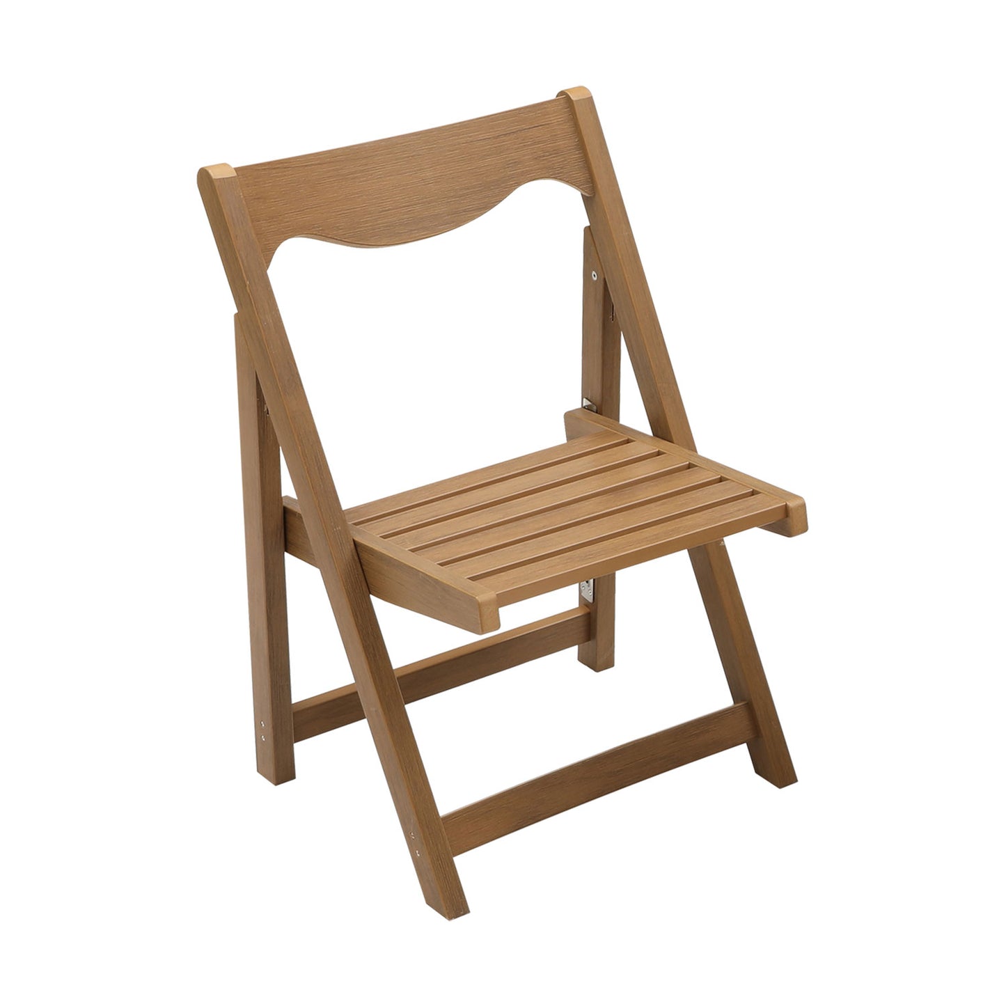 Wooden folding chair with slatted seat and curved back for outdoor use