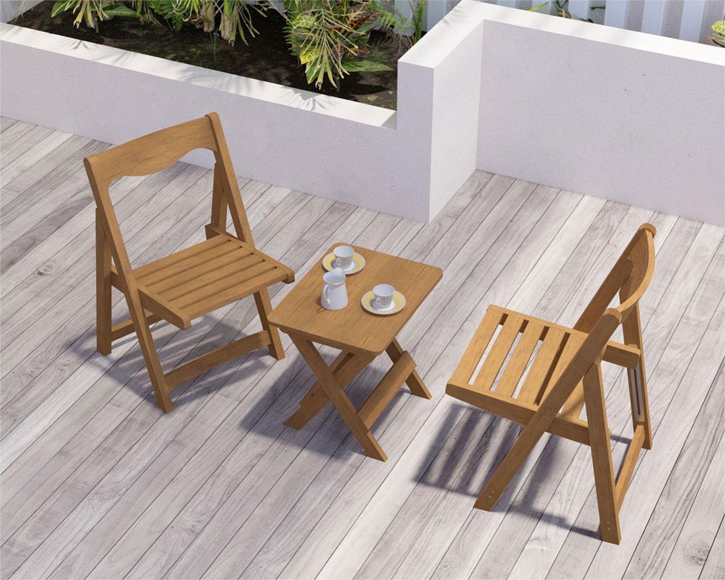 Wooden folding chair set with coffee cups on small table