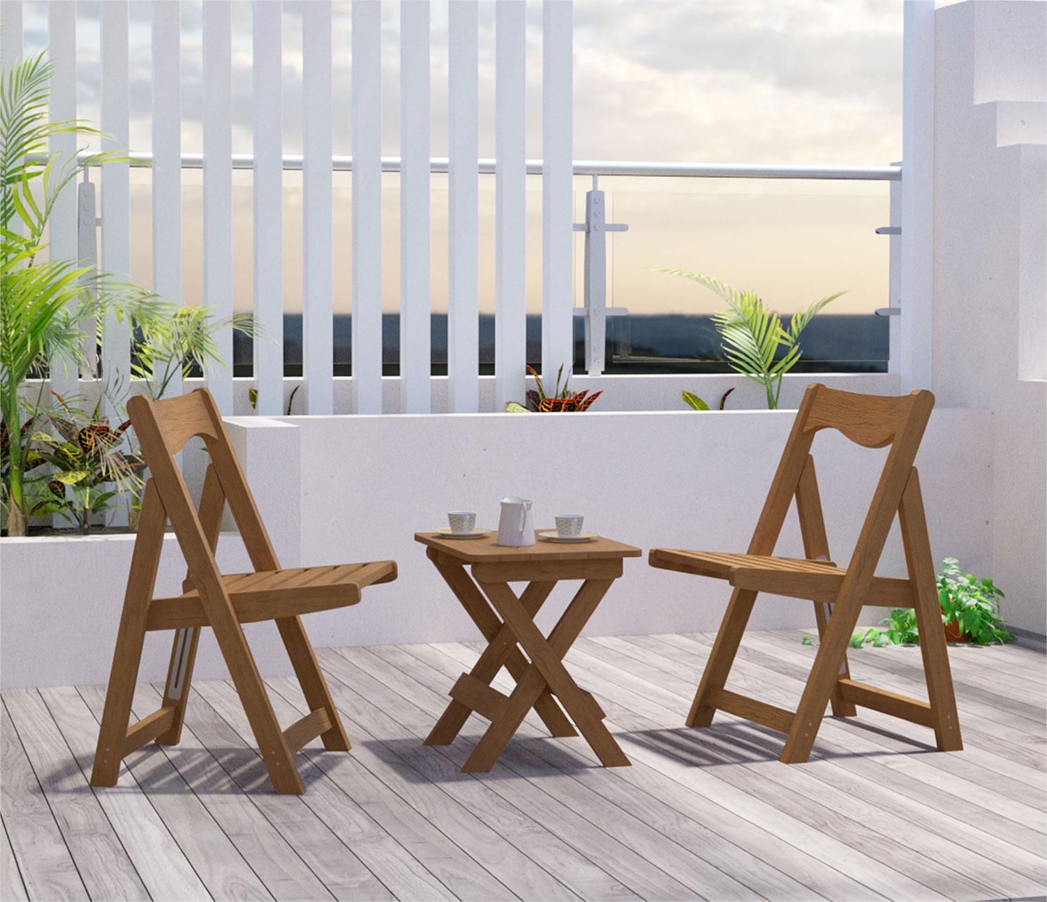 Wooden folding chair with a natural finish perfect for outdoor seating on a balcony
