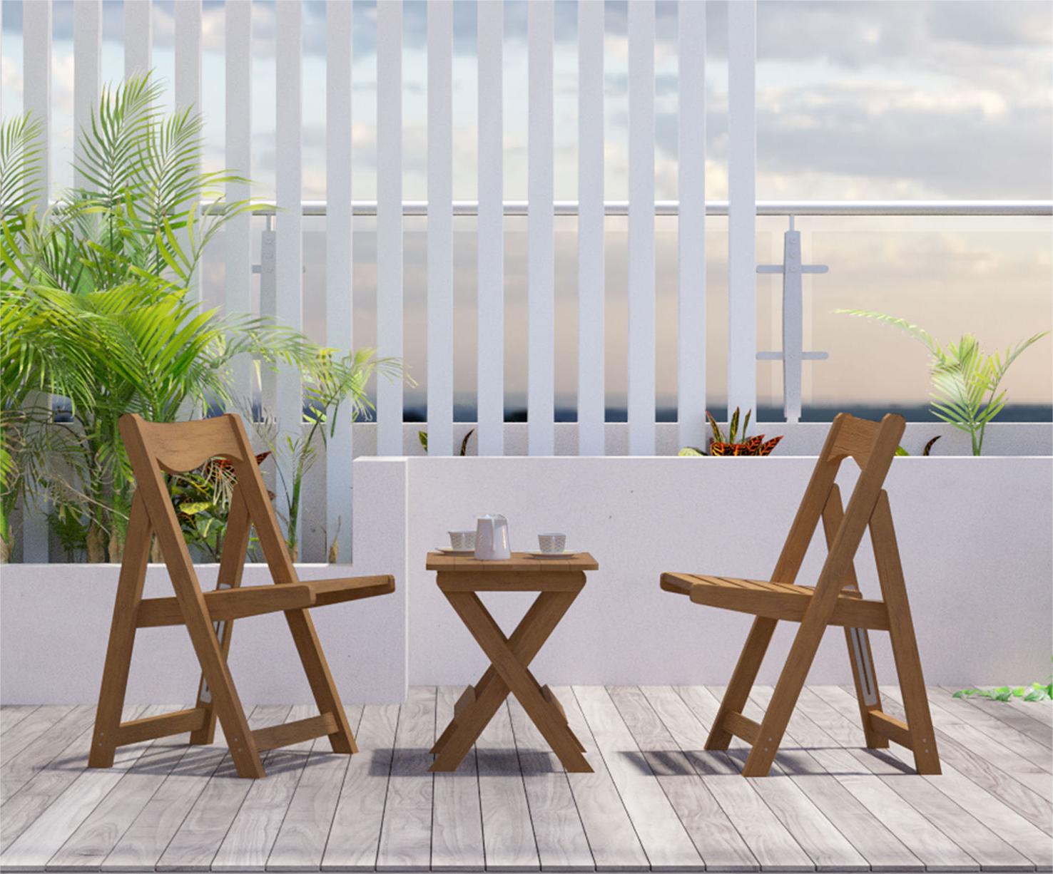 Wooden folding patio chairs and side table with drinks