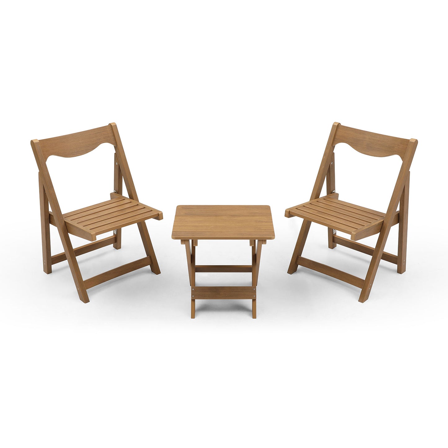 Set of two brown wooden folding chairs with a matching square table perfect for outdoor patio use