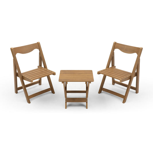 Set of two brown wooden folding chairs with a matching square table perfect for outdoor patio use
