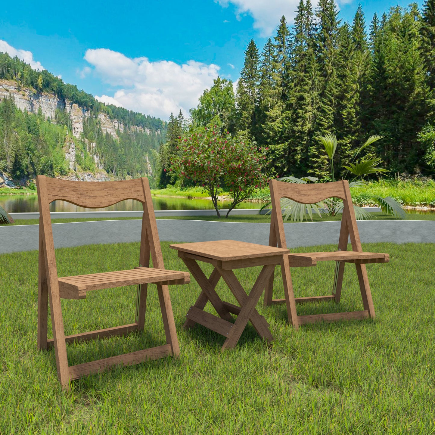 Two wooden folding chairs and a matching square table are set up on a grassy area