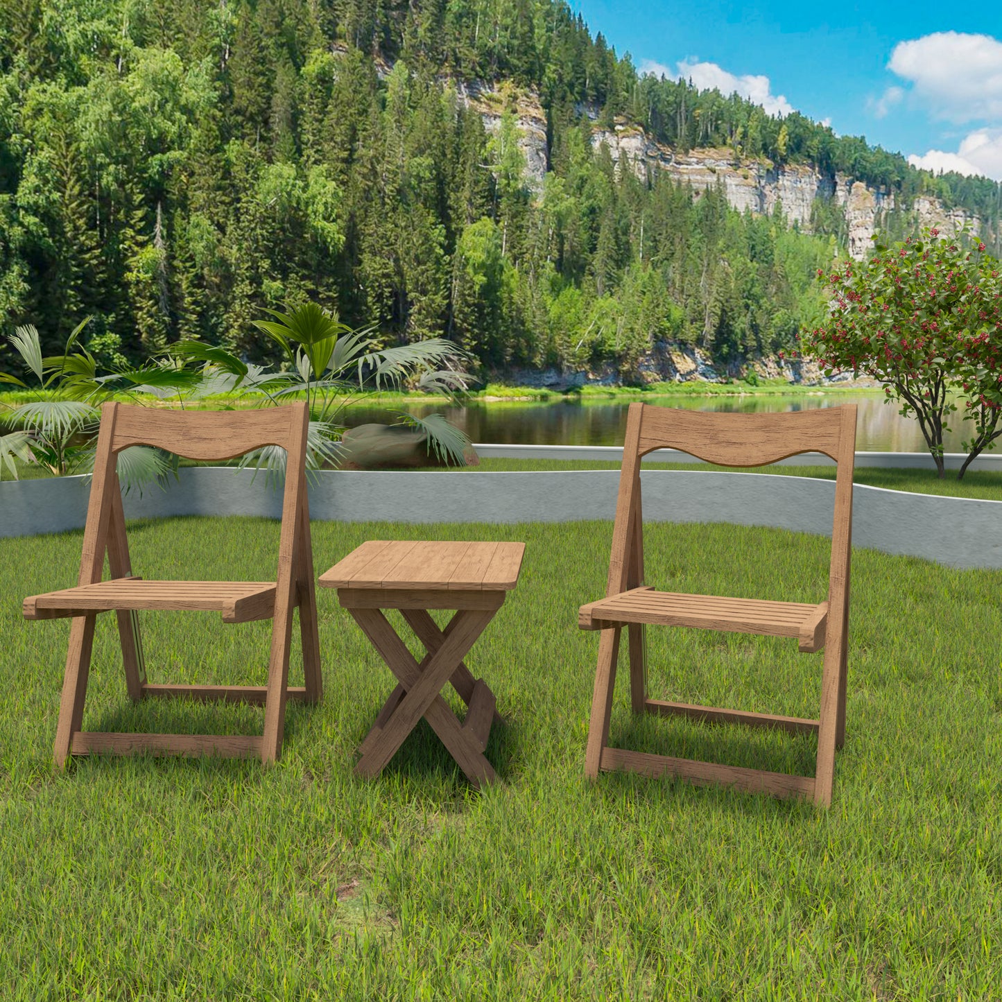 Two rustic wooden folding chairs and a side table set on green grass