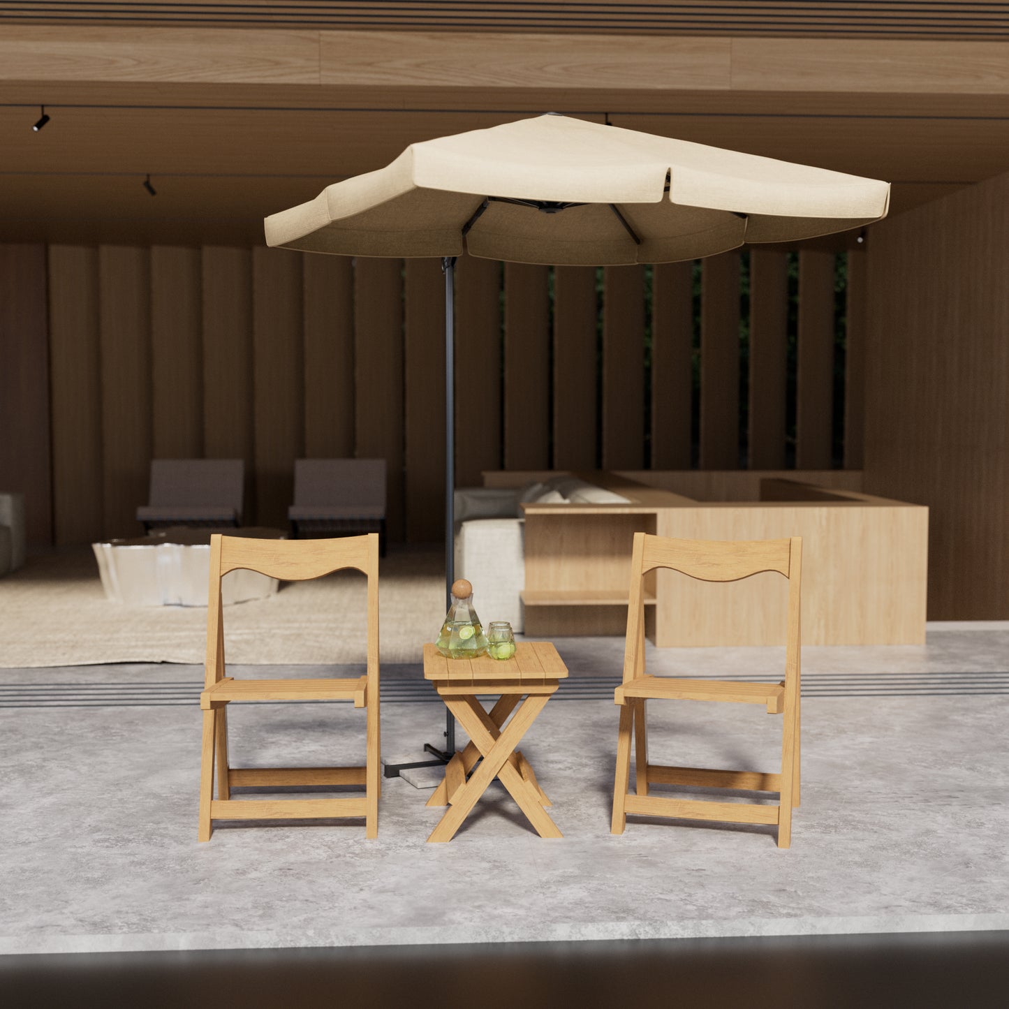 Pair of natural wood folding chairs and a matching side table with drinks on a patio
