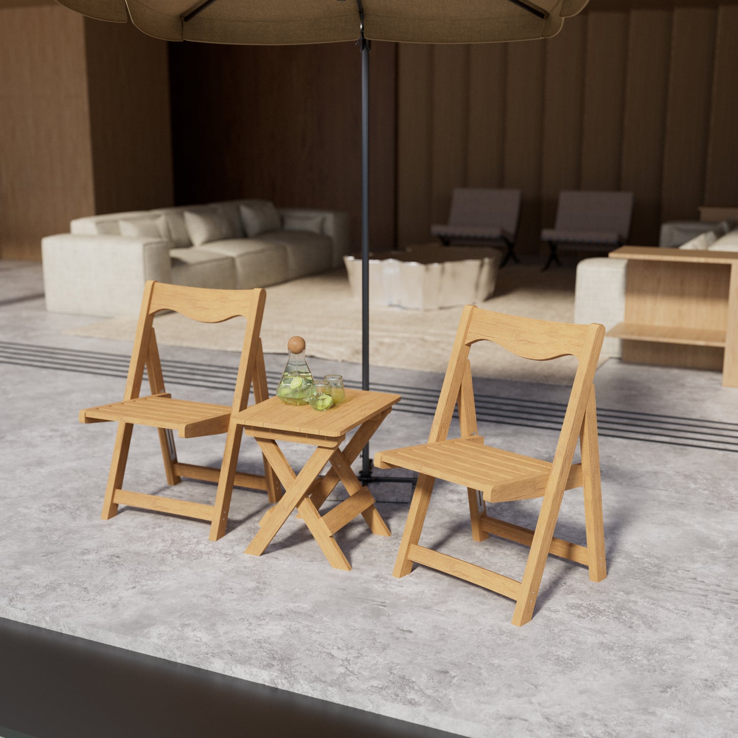 Wooden folding chairs with a matching table perfect for outdoor relaxation