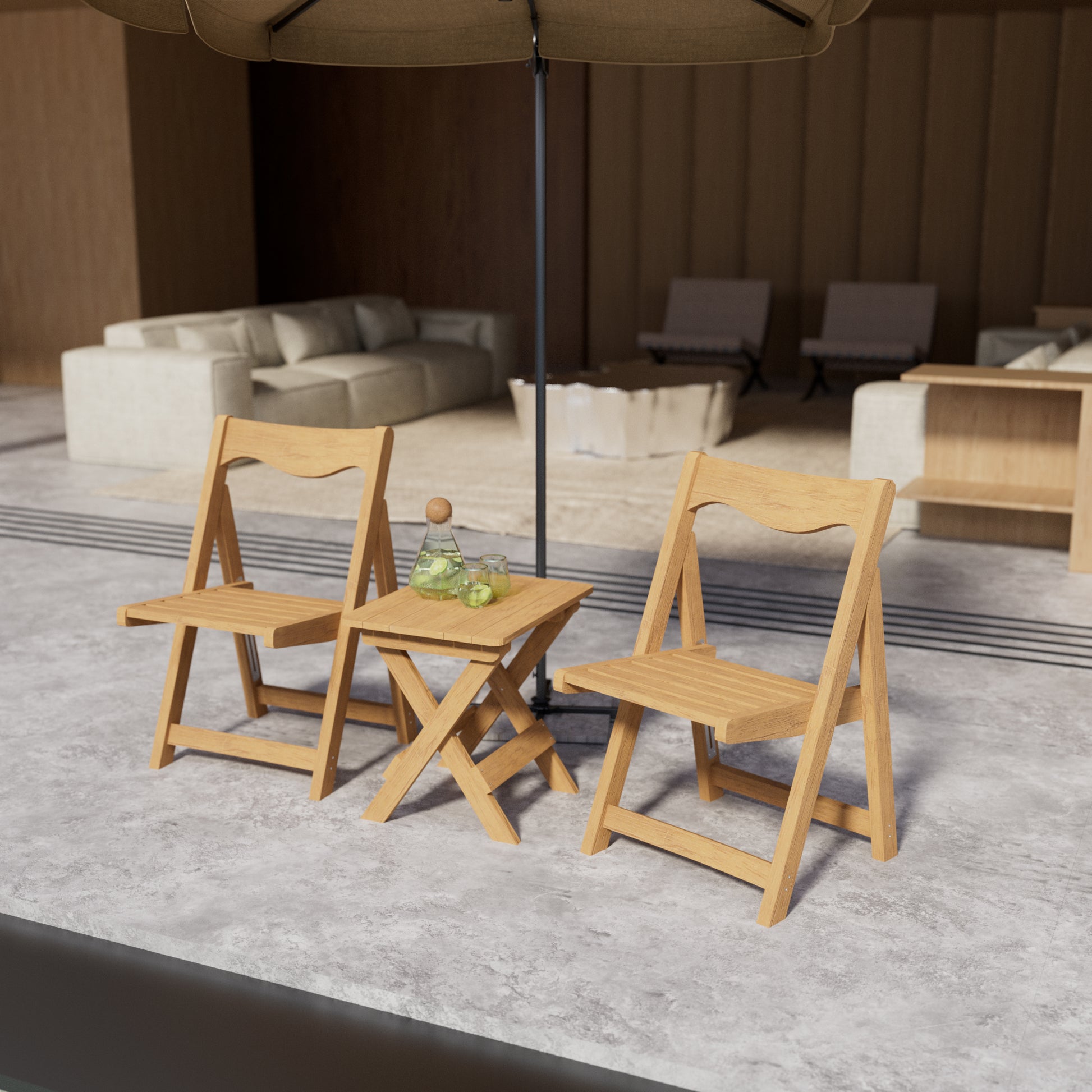 Wooden folding chairs with a matching table perfect for outdoor relaxation